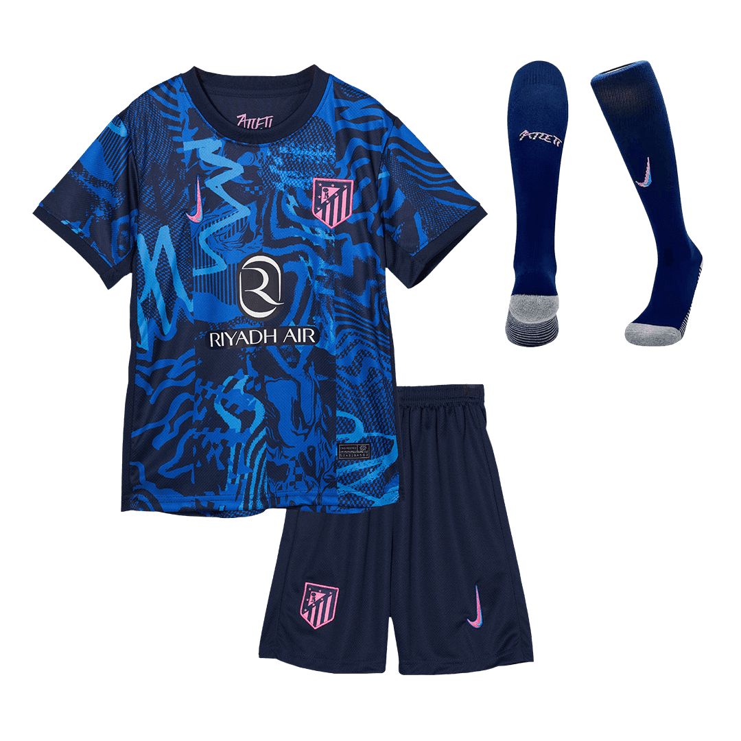 Dziecięcy wyjazdowy zestaw piłkarski Atletico Madryt (koszulka+spodenki+skarpety) 2024/25 - Topowe Koszulki Pilkarskie Sklep Internetowy