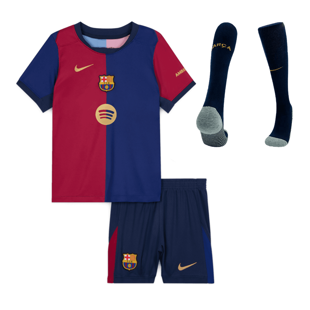 Zestaw piłkarski dla dzieci Barcelona Home (Koszulka+Spodenki+Skarpety) 2024/25 - Spotify Logo without Text - Topowe Koszulki Pilkarskie Sklep Internetowy