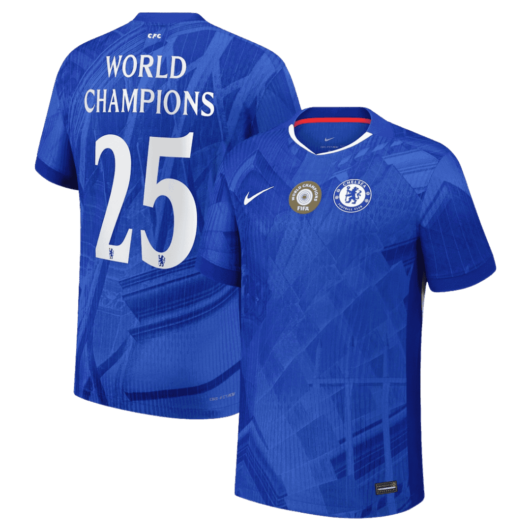 Męska Koszulka Domowa Chelsea WORLD CHAMPIONS #25 Wersja Piłkarska 2025/26 - with chest badge - Slim Fit - Topowe Koszulki Pilkarskie Sklep Internetowy