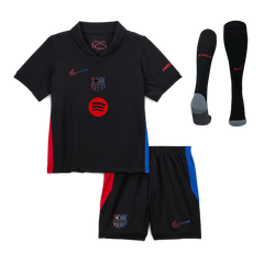 Dziecięcy Strój Wyjazdowy Barcelona 2024/25 (Koszulka + Spodenki + Getry) -Spotify Logo without Text - Topowe Koszulki Pilkarskie Sklep Internetowy